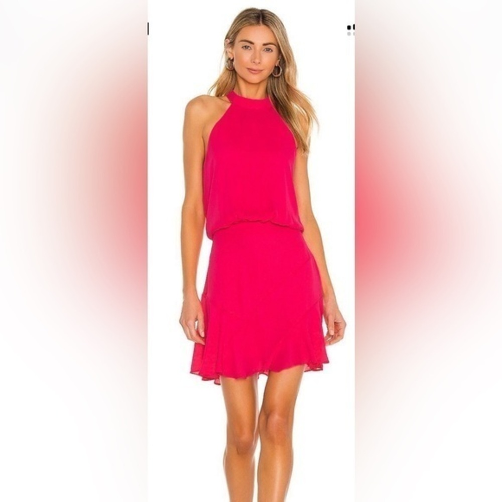 Krisa Asymmetrical Flare Halter
Mini Dress in Freesia, Size Medium NWT